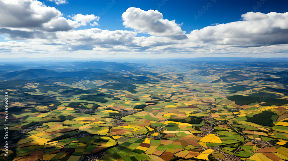 patchwork farmland with villages countryside rural landscape aerial shot - obrazy, fototapety, plakaty 