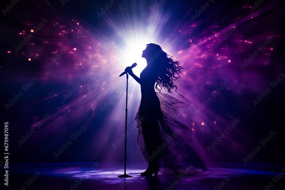 Beautiful female singer silhouette sings on stage in light show - obrazy, fototapety, plakaty 