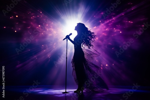Beautiful female singer silhouette sings on stage in light show