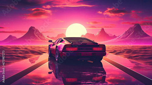 80s retro futuristic drive with vintage car. Stylized sci-fi landscape race in outrun VJ style, night sky. Vaporwave 3D illustration background for EDM music video, DJ set, club. 4k