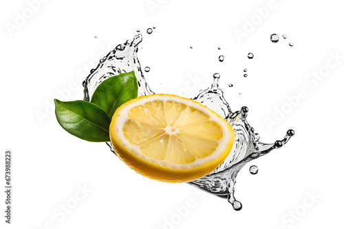 Fresh lemon with green leaves in water splash, isolated on white background