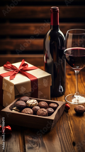 a box of chocolates and red wine on the wood table , romantic occasion and valentines day