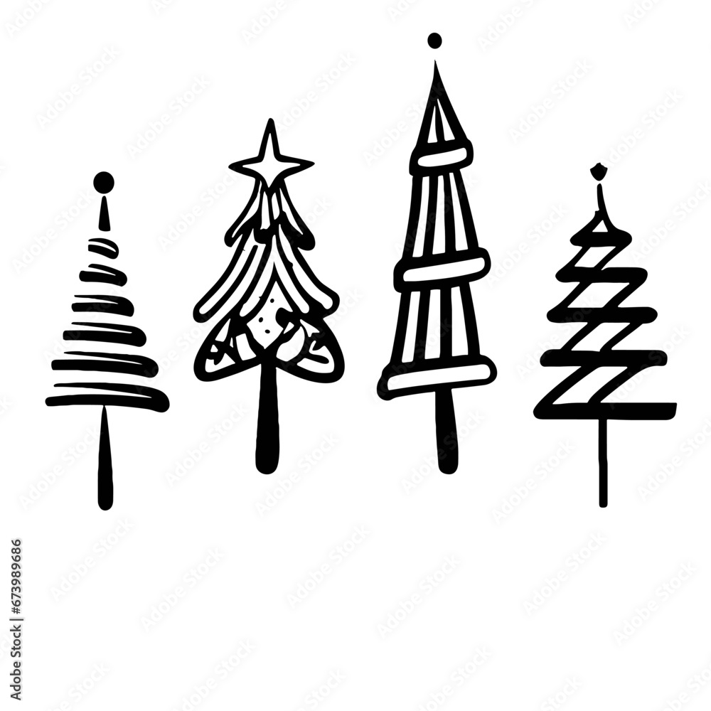 black and white graphics with four Christmas trees on a white background black and white graphics with four Christmas trees on a white background