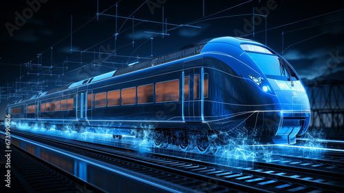 3d model of high-speed train with neon lighting dark background, engineering and design concept 