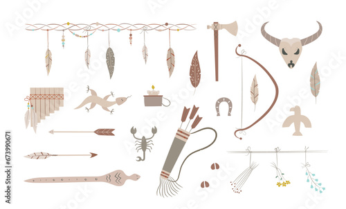 Bohemian native americans elements set. Wild west clipart with arrow, arch, border