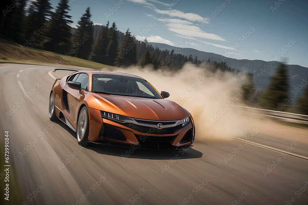 Side view of orange sport car on road with motion blur. - obrazy, fototapety, plakaty 
