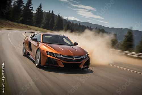 Side view of orange sport car on road with motion blur. © UN