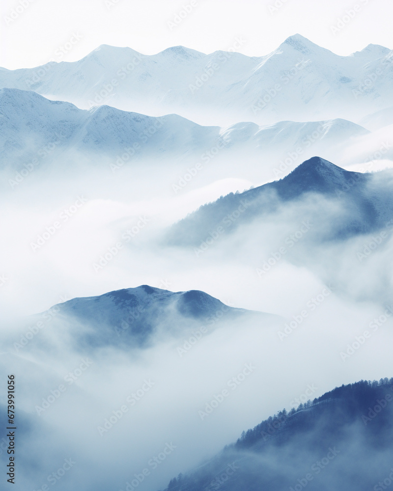 snow covered mountains with fog at high altitude, vertical orientation