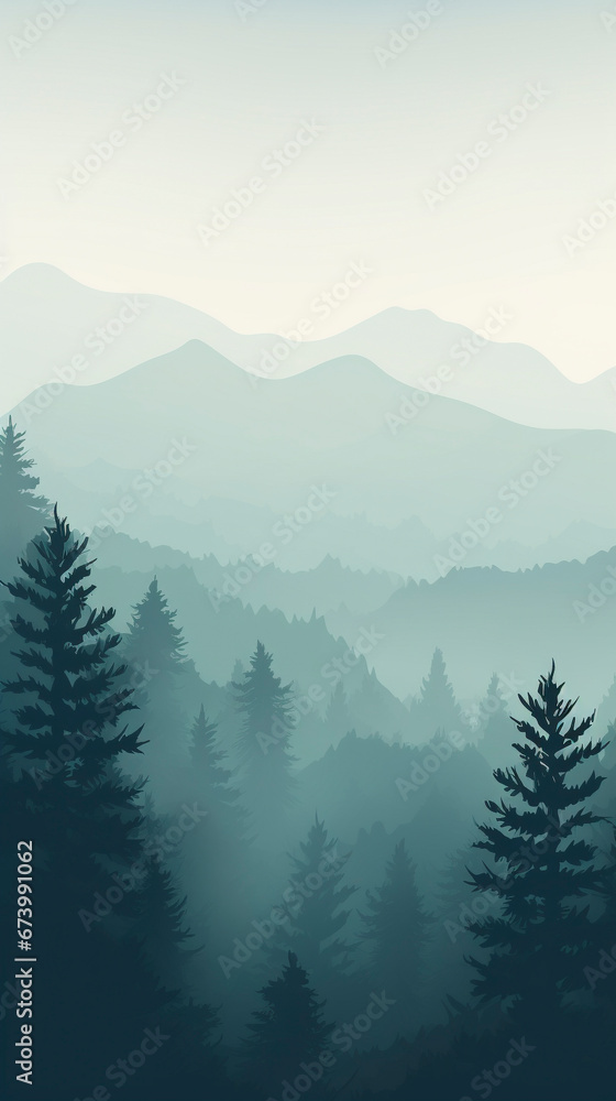 Illustration of foggy forests and mountains, flat vector style, good for vertical advertisements and smartphone backgrounds. 