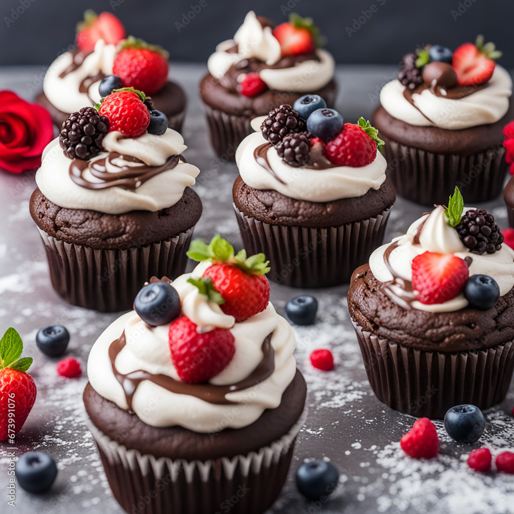 cupcakes for Valentine's Day, chocolate cupcakes with whipped cream on top, decorated with berries and fruits, as well as chocolate hearts