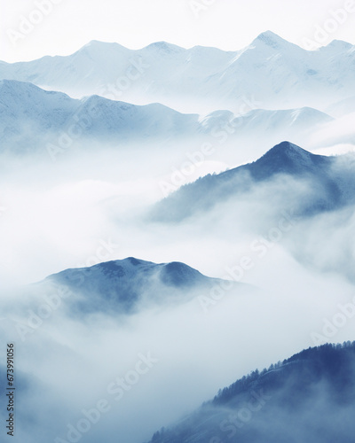 snow covered mountains with fog at high altitude  vertical orientation