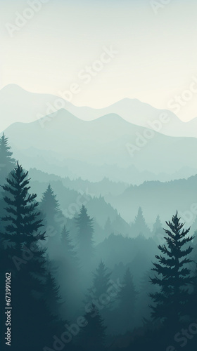 Illustration of foggy forests and mountains, flat vector style, good for vertical advertisements and smartphone backgrounds.  © @foxfotoco