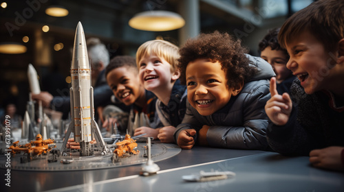 Photo of a group of happy multinational children assemble a model of the Space launch vehicle in a classroom photo