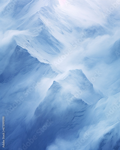 abstract snowy mountains background with fog and frozen rock edges