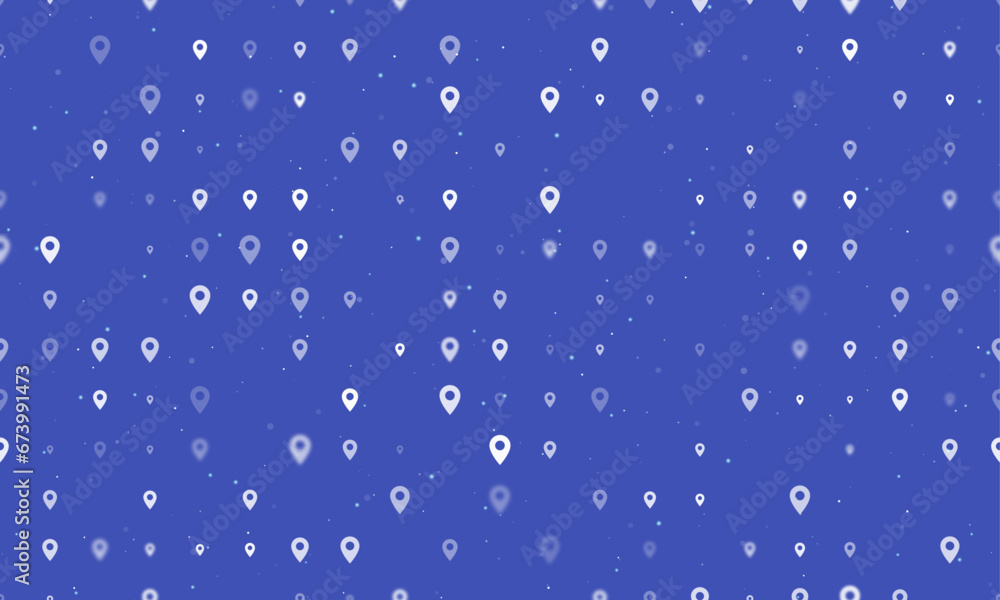 Seamless background pattern of evenly spaced white location symbols of different sizes and opacity. Vector illustration on indigo background with stars Seamless background pattern of evenly spaced white location symbols of different sizes and opacity. Vector illustration on indigo background with stars