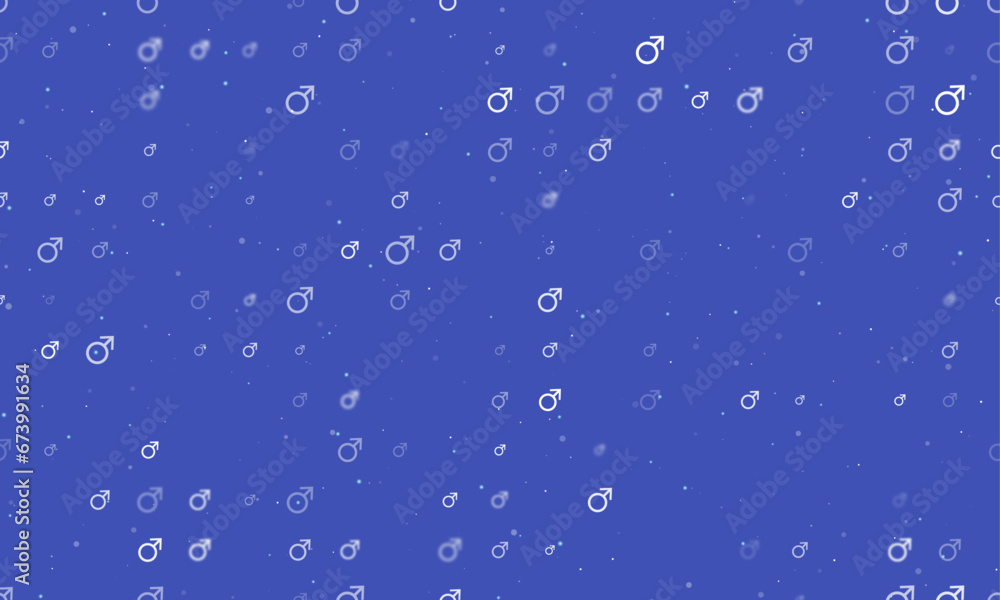 Seamless background pattern of evenly spaced white mars symbols of different sizes and opacity. Vector illustration on indigo background with stars Seamless background pattern of evenly spaced white mars symbols of different sizes and opacity. Vector illustration on indigo background with stars