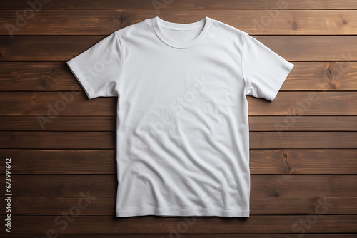 Front view white t-shirt mockup on wooden background.