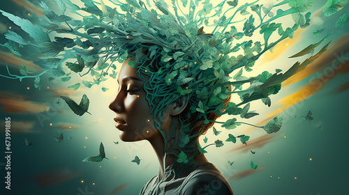 Billede på lærred Beautiful woman with green leaves in her hair 3d rendering Mental health problem