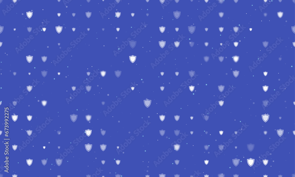 Seamless background pattern of evenly spaced white shield symbols of different sizes and opacity. Vector illustration on indigo background with stars