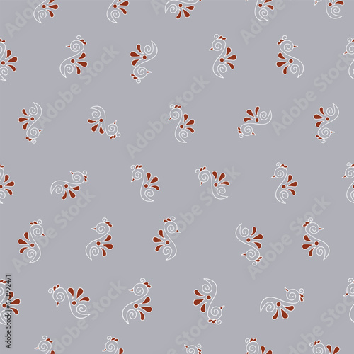 seamless repeat pattern with simple hand drawn white peacock motifs with burnt amber wings on a grey background perfect for fabric, scrap booking, wallpaper, gift wrap projects