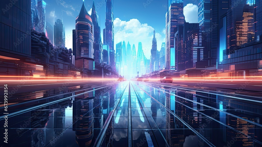 futuristic city with futuristic buildings and lights, in the style of light maroon and azure, street scenes with vibrant colors
