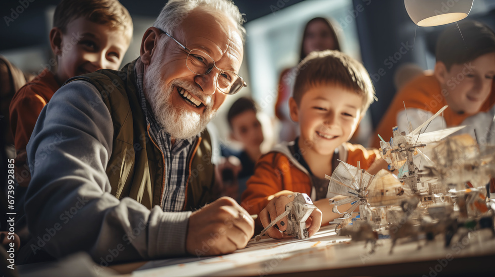 Photo of a children with parents assemble a model of the Lunar station in a classroom