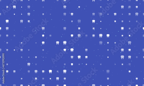 Seamless background pattern of evenly spaced white tooth symbols of different sizes and opacity. Vector illustration on indigo background with stars