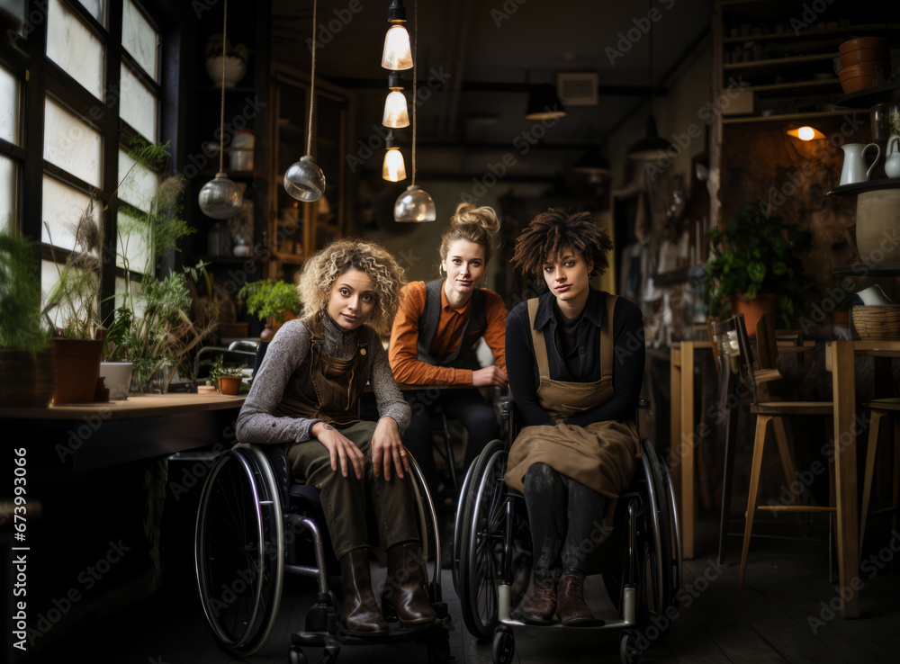 Portrait of diverse creative team of three women looking at camera while posing in flower shop, wheelchair user inclusion. People with disabilities in the workplace. Portrait of diverse creative team of three women looking at camera while posing in flower shop, wheelchair user inclusion. People with disabilities in the workplace.