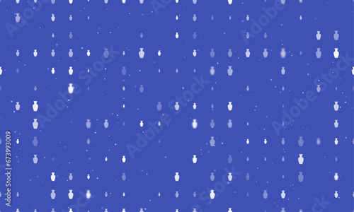 Seamless background pattern of evenly spaced white vases of different sizes and opacity. Vector illustration on indigo background with stars