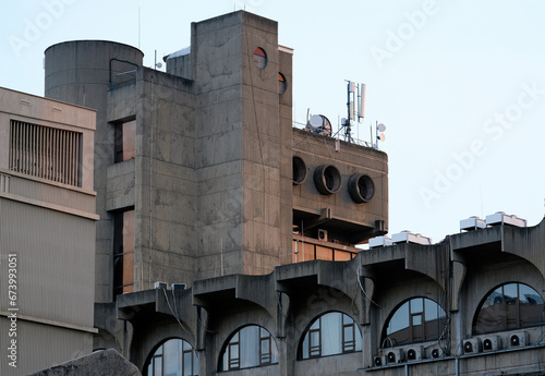 Detail of a brutalist building in Skopje, North Macedonia