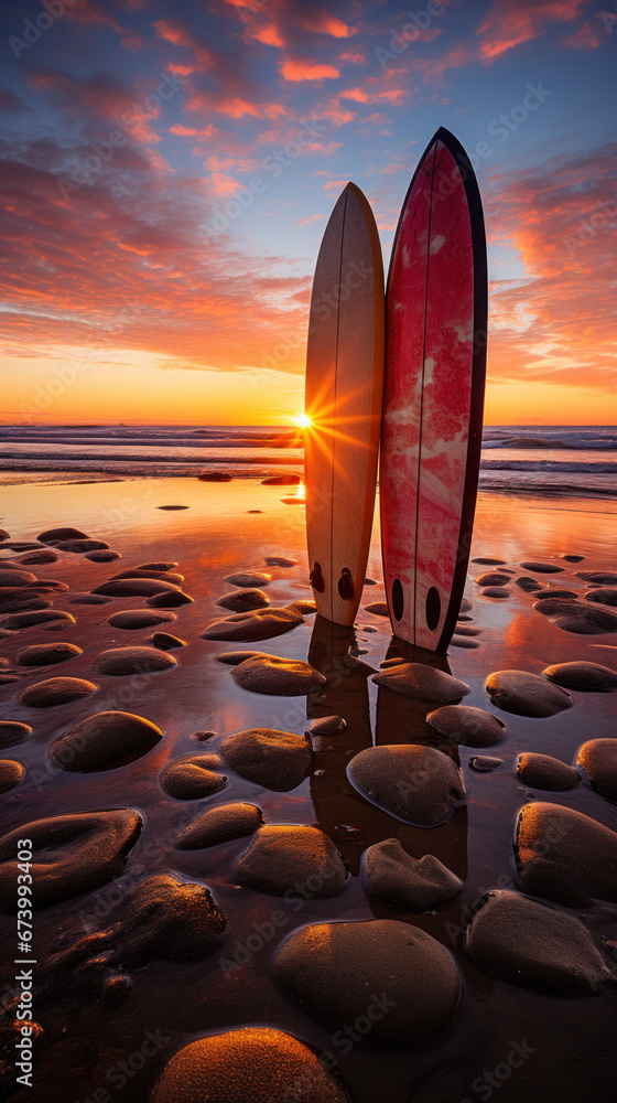 planches de surf plantées dans le sable sur une plage déserte le soir au moment du couché du soleil - obrazy, fototapety, plakaty 