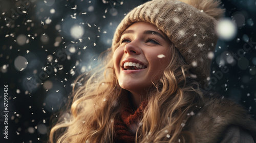 portrait of a smiling woman wearing wool brown hat, snow flakes around her, spirit of hope and happiness