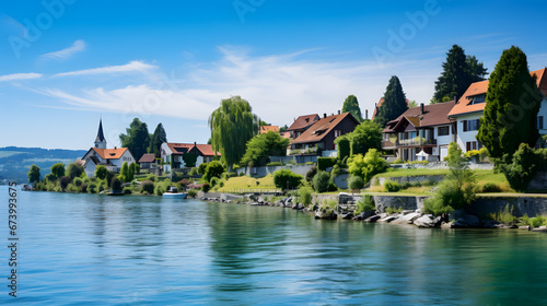 A photo of Lake Constance, with a peaceful lakeside village as the background, during a serene morning © VirtualCreatures