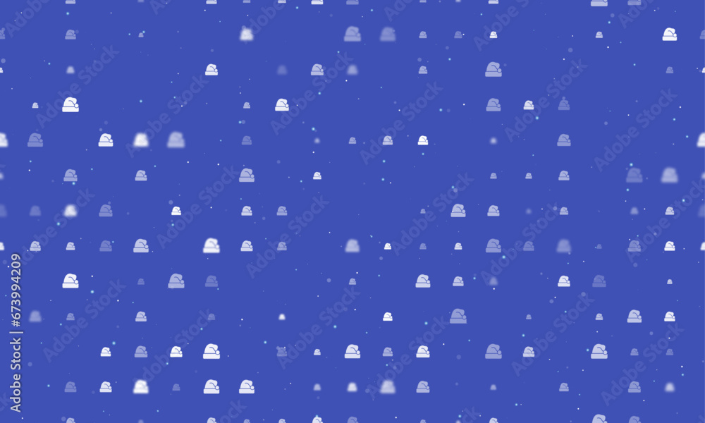 Seamless background pattern of evenly spaced white santa claus hat symbols of different sizes and opacity. Vector illustration on indigo background with stars Seamless background pattern of evenly spaced white santa claus hat symbols of different sizes and opacity. Vector illustration on indigo background with stars