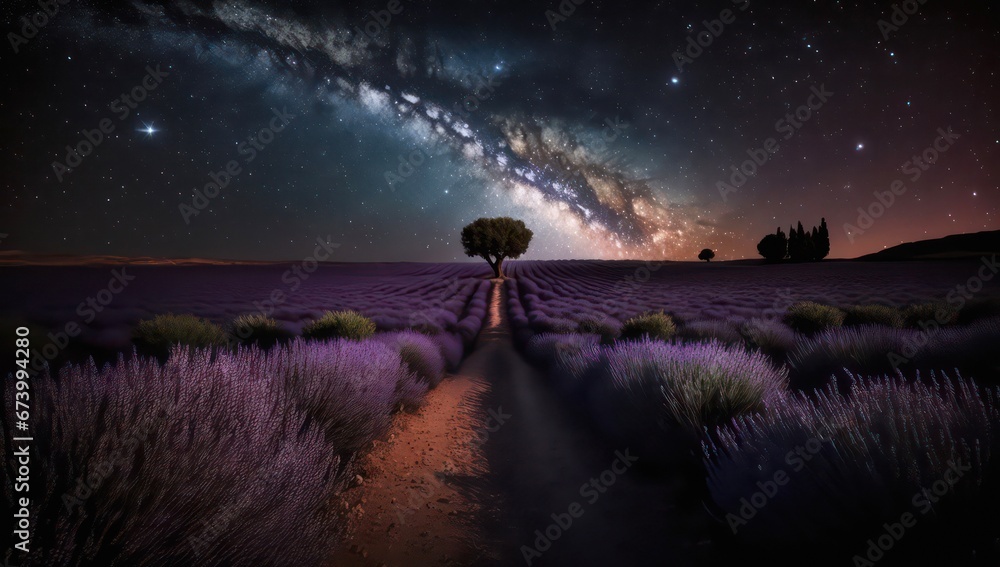 Lavender field in the light of stars at night.