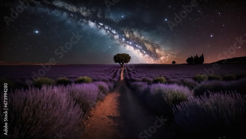 Lavender field in the light of stars at night. © Hanna
