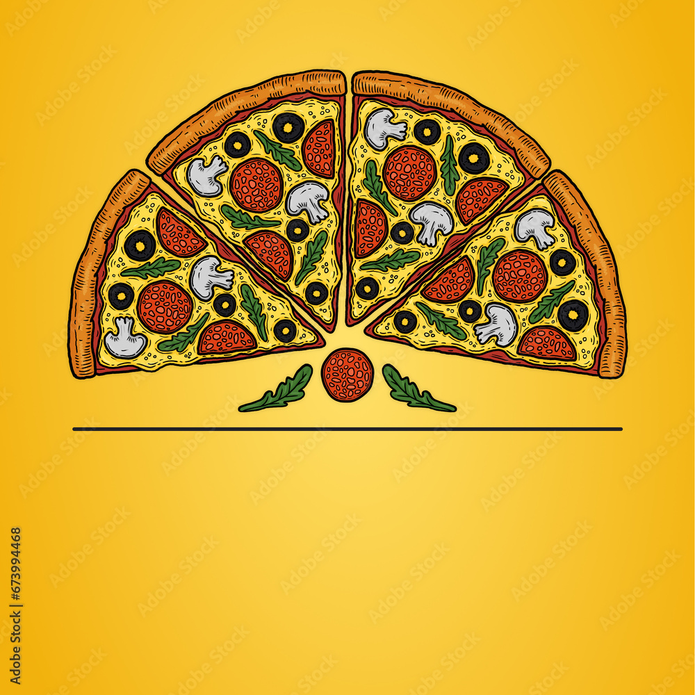 Cartoon pizza slice illustration square isolated on yellow gradient background horizontal banner design template with text area copy space and place for text