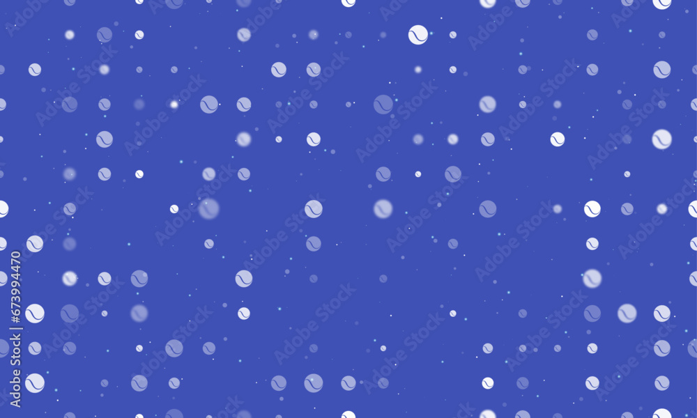 Seamless background pattern of evenly spaced white tennis balls of different sizes and opacity. Vector illustration on indigo background with stars