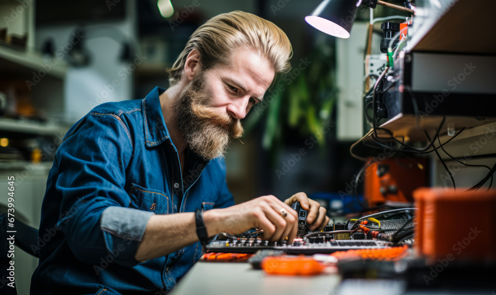 portrait of Electrical and Electronic Equipment Assembler, Assemble or modify electrical or electronic equipment, such as computers, test equipment telemetering systems, electric motors, and batteries - obrazy, fototapety, plakaty 