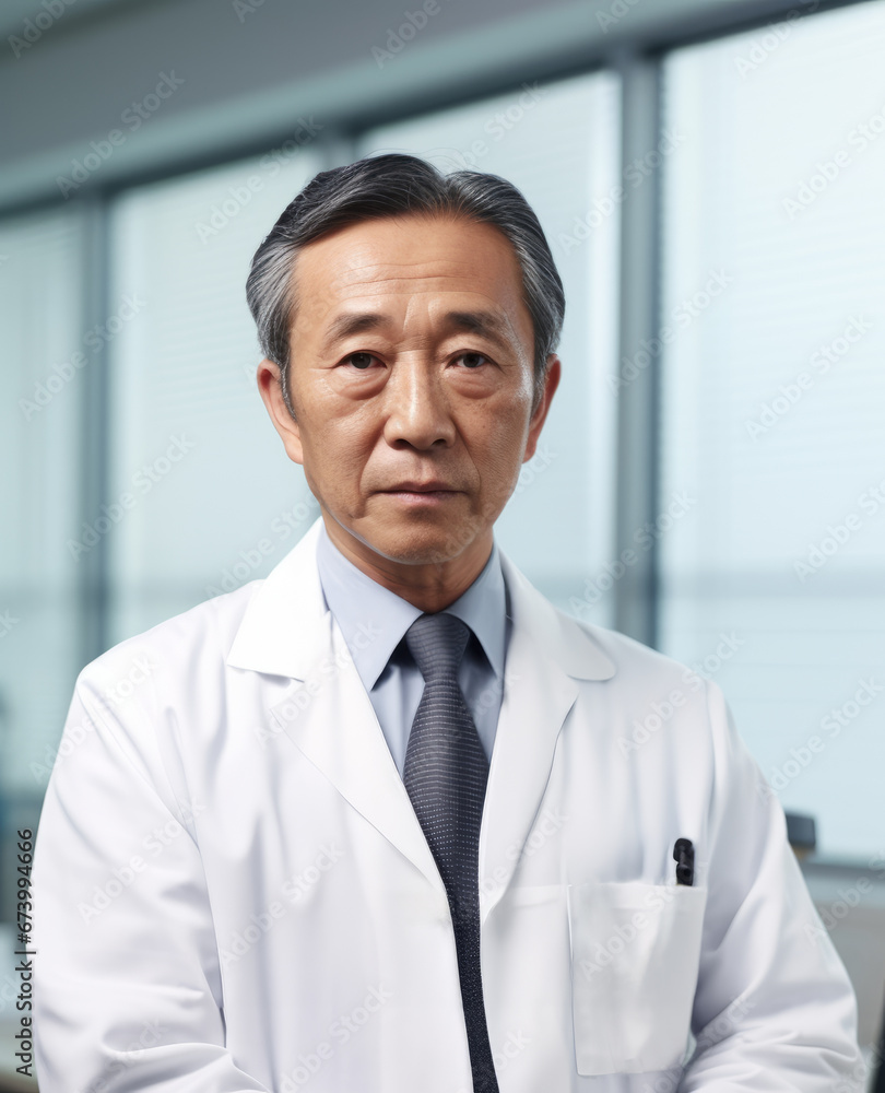 Portrait of serious Asian doctor in the hospital corridor. Senior doctor looking at camera near window of modern clinic. Japanese surgeon dressed in a traditional white lab coat and shirt with tie. Portrait of serious Asian doctor in the hospital corridor. Senior doctor looking at camera near window of modern clinic. Japanese surgeon dressed in a traditional white lab coat and shirt with tie.
