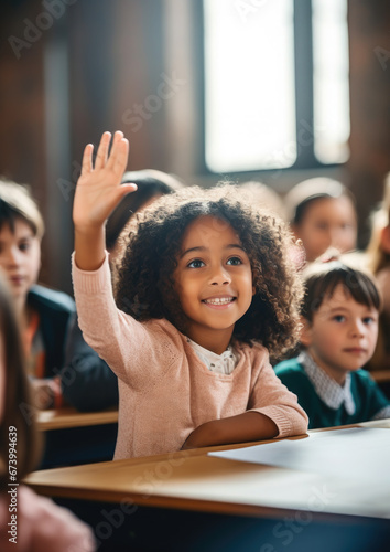 dark-skinned African student at a desk in a school class raises his hand, child, smart kid, children, study, learning, classroom, knowledge, lesson, pupil, boy, girl, team, friends, smile, portrait photo