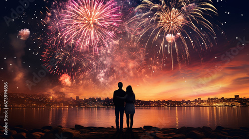 Couples looking at the fireworks on New Year. Generative AI.