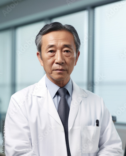 Portrait of serious Asian doctor in the hospital corridor. Senior doctor looking at camera near window of modern clinic. Japanese surgeon dressed in a traditional white lab coat and shirt with tie.