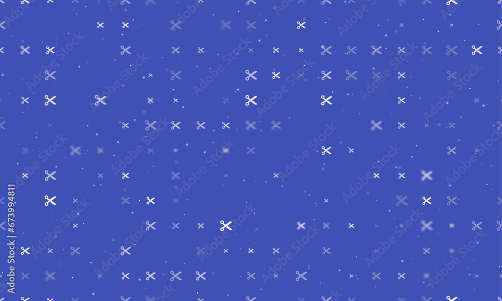 Seamless background pattern of evenly spaced white scissors symbols of different sizes and opacity. Vector illustration on indigo background with stars