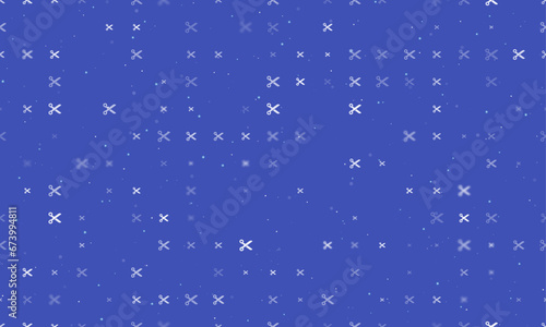 Seamless background pattern of evenly spaced white scissors symbols of different sizes and opacity. Vector illustration on indigo background with stars