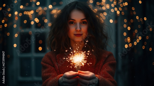 Girl holding firework in her hand on New Year. Generative AI.
