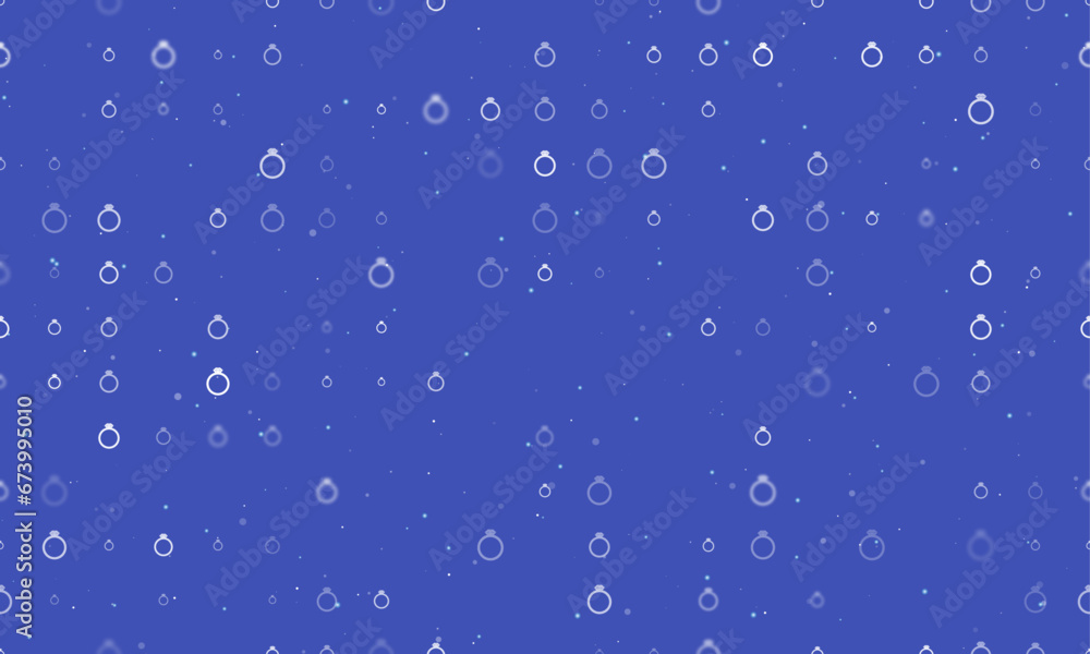 Seamless background pattern of evenly spaced white diamond ring symbols of different sizes and opacity. Vector illustration on indigo background with stars