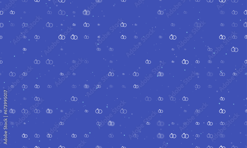 Seamless background pattern of evenly spaced white wedding rings symbols of different sizes and opacity. Vector illustration on indigo background with stars