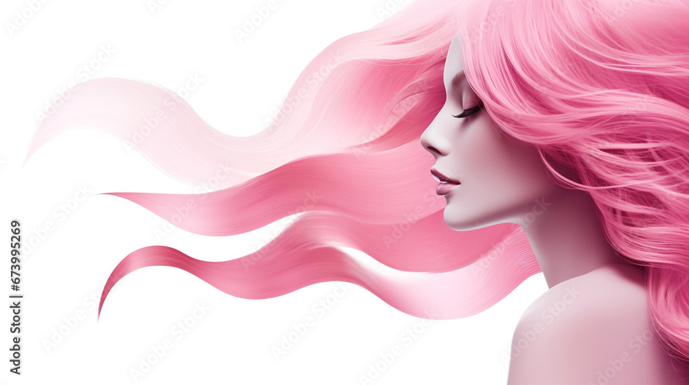 woman with pink ribbon hair isolated white background, breast cancer awareness woman with pink ribbon hair isolated white background, breast cancer awareness