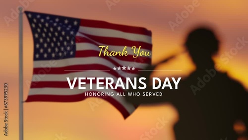 4K Veterans Day video card. Saluting waving American flag.